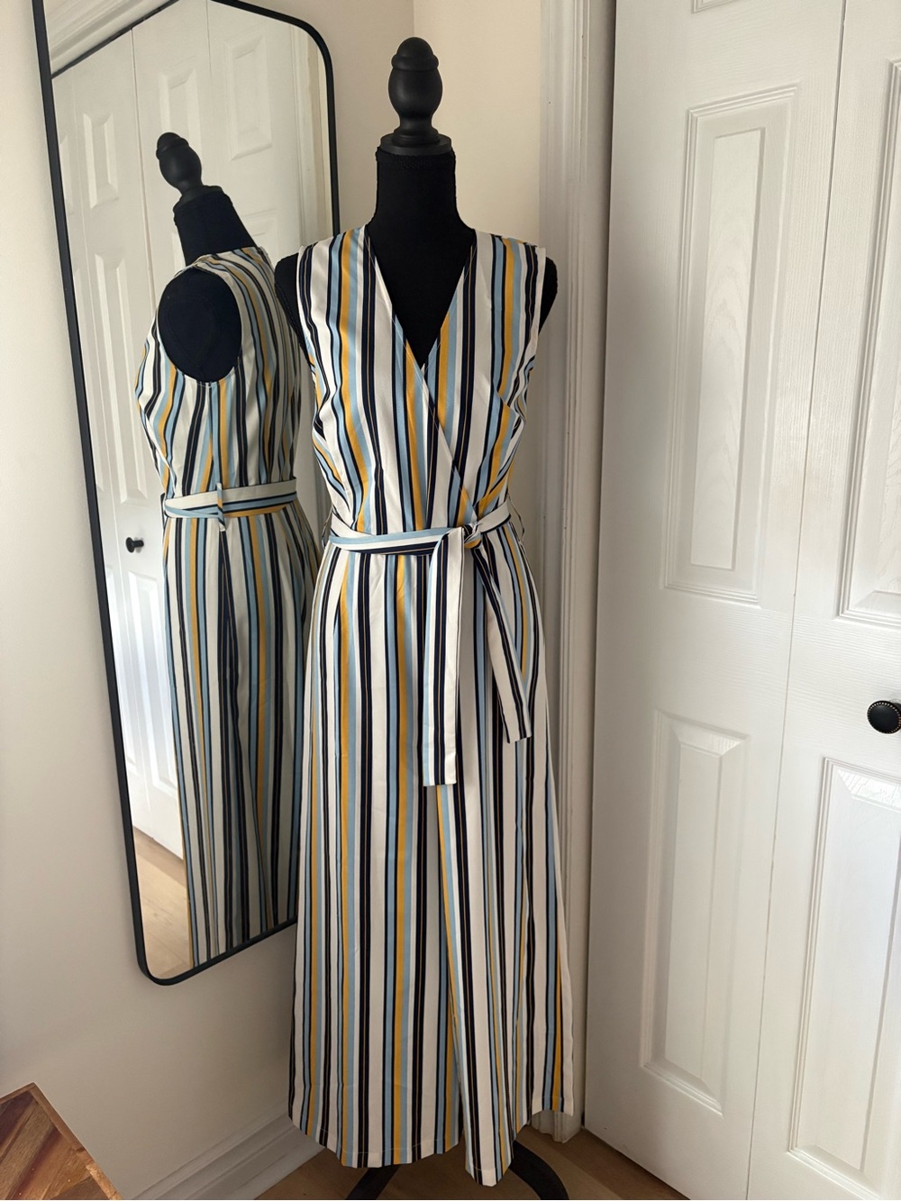Sleeveless Striped Wrap Jumpsuit in White, Navy & Yellow
